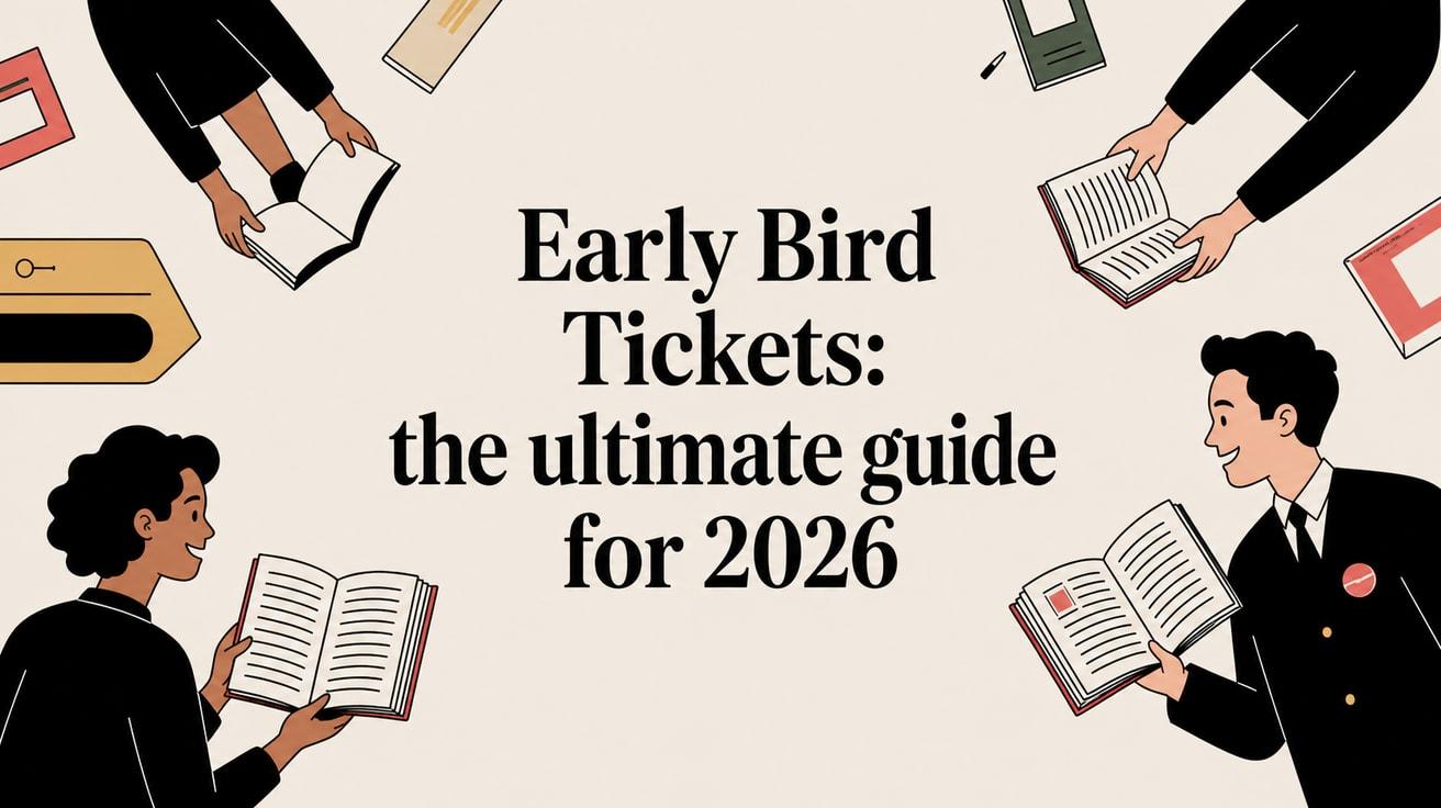 People reading information about early bird tickets for an event