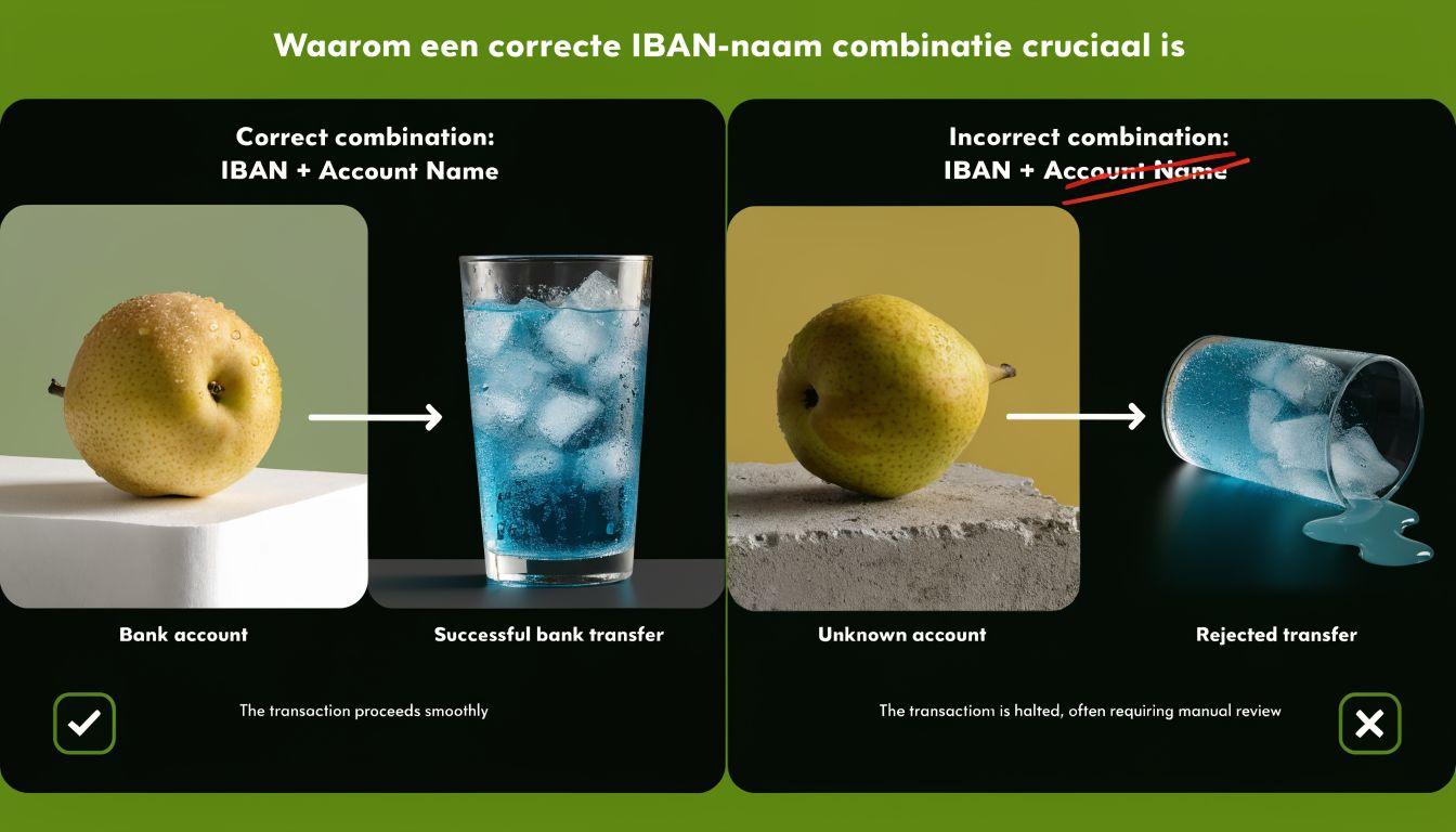 Infographic over waarom de combinatie van IBAN en rekeningnaam belangrijk is voor bankoverschrijvingen.