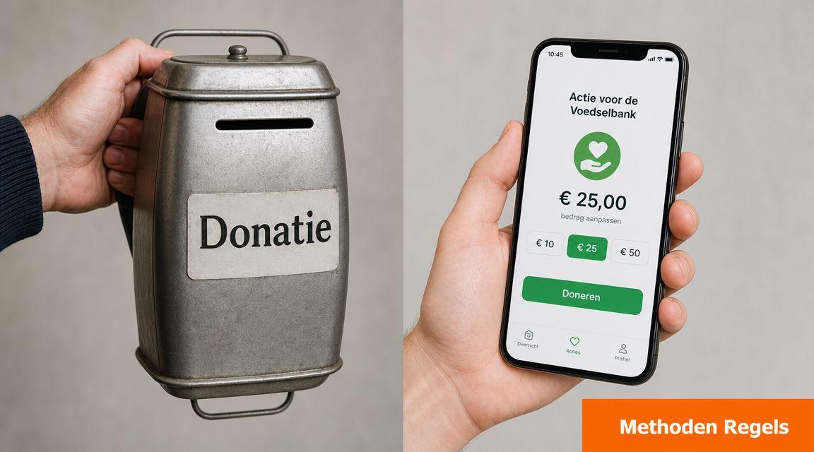 Comparaison entre boîte à dons physique et don digital sur téléphone.