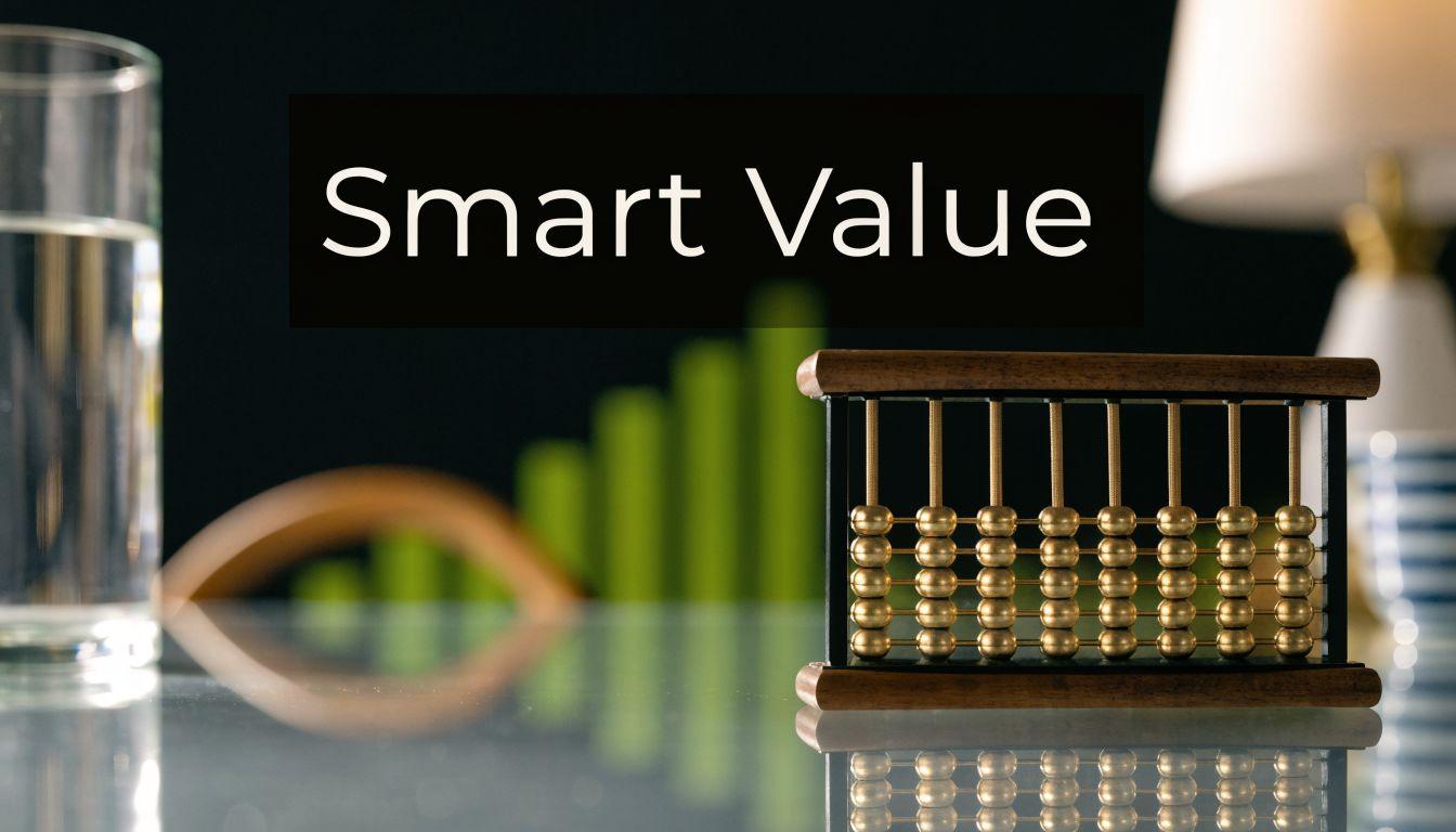 An abacus on a table with a chart in the background and the text Smart Value.