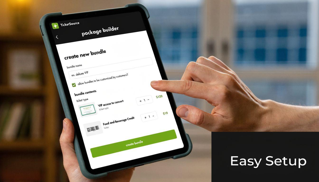 A tablet shows a platform for easily creating customizable ticket bundles for events.