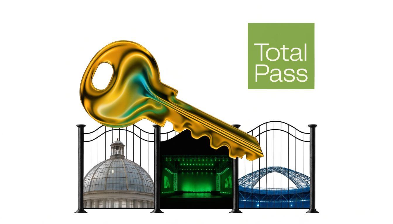 A golden key above three gates giving access to a domed building, a theater stage and a stadium.