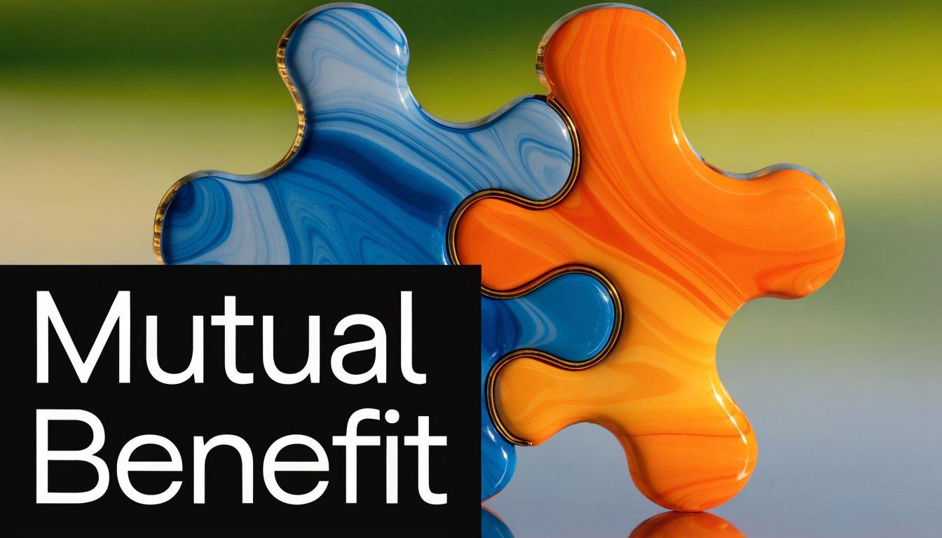 Two interlocking puzzle pieces in blue and orange colors with the text mutual benefit.