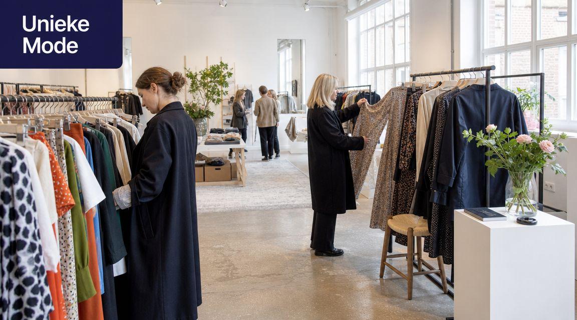Besucher sehen sich Kleiderstaender bei einem Sample Sale in einem hellen Laden an.