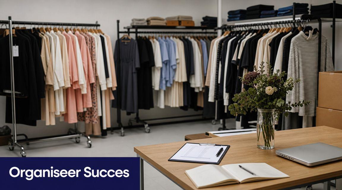 Organisierter Sample Sale mit Kleiderstaendern, Tisch und klarer Ladenstruktur.
