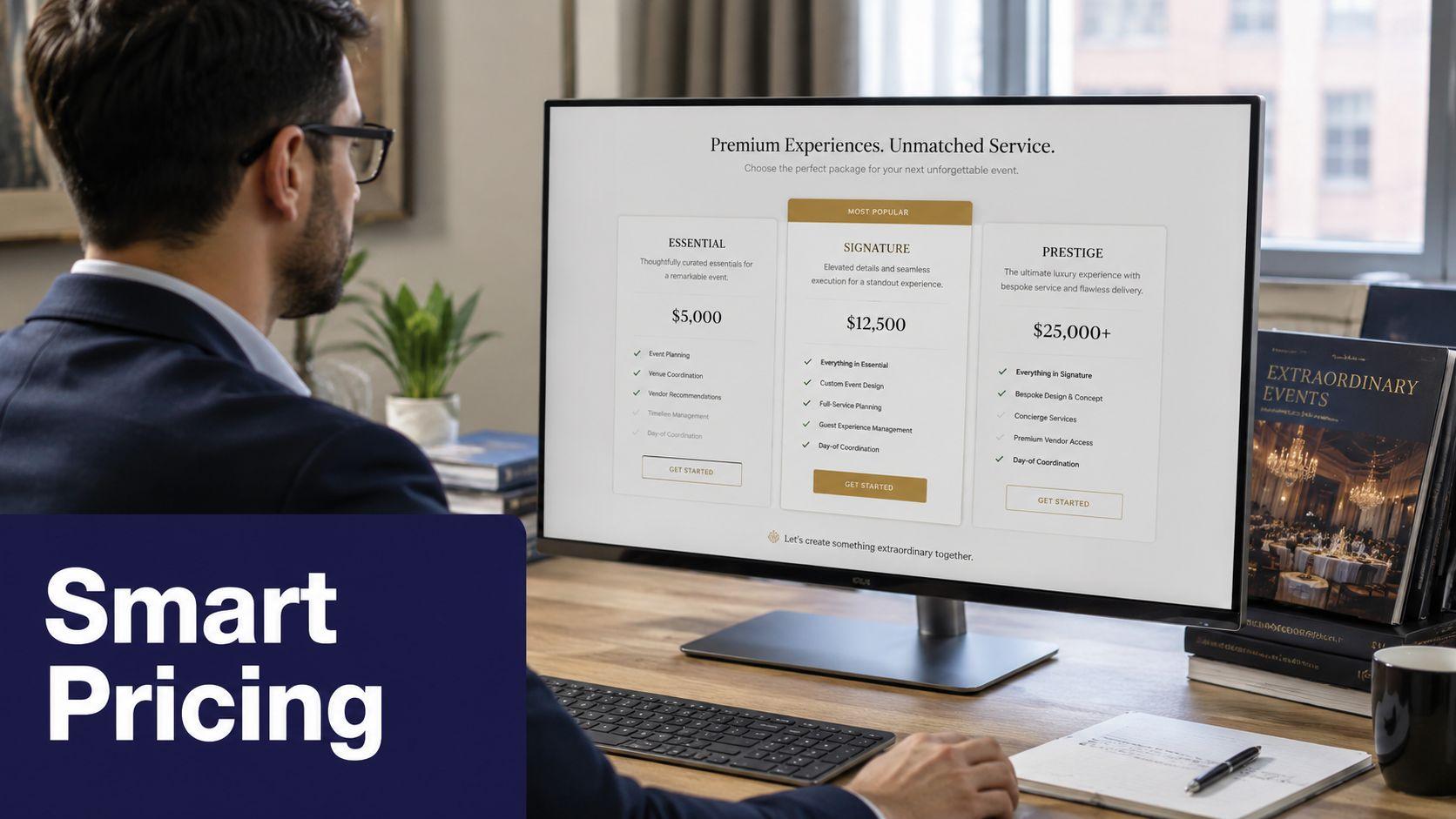 Premium-Eventpakete und Preisoptionen auf einem Computerbildschirm.