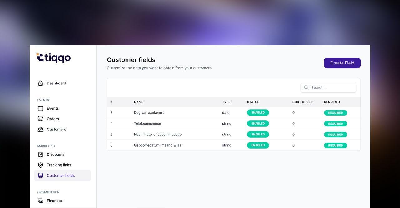 Custom checkout fields interface showing various field types including text fields, dropdowns, and date selectors for event registration