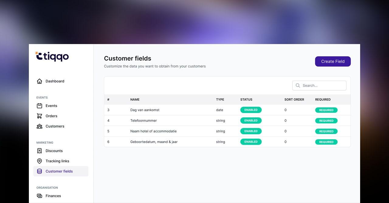 Custom checkout fields interface showing various field types including text fields, dropdowns, and date selectors for event registration