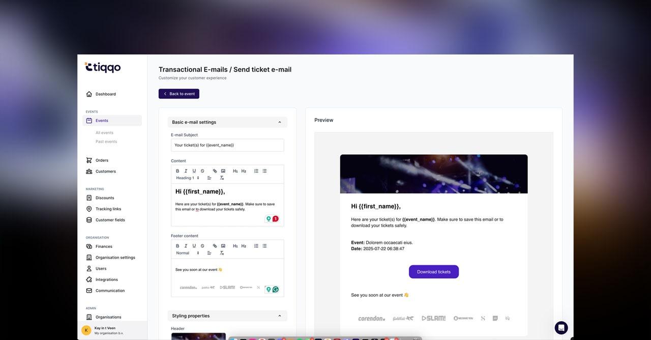 Email designer interface showing header image customization, color options, and flexible content areas for professional event communications
