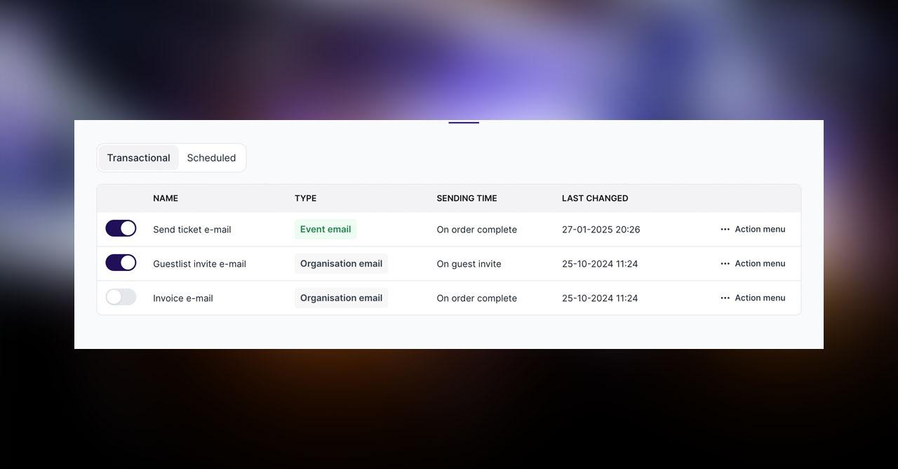 Event email customization interface showing template management and brand-specific email designs