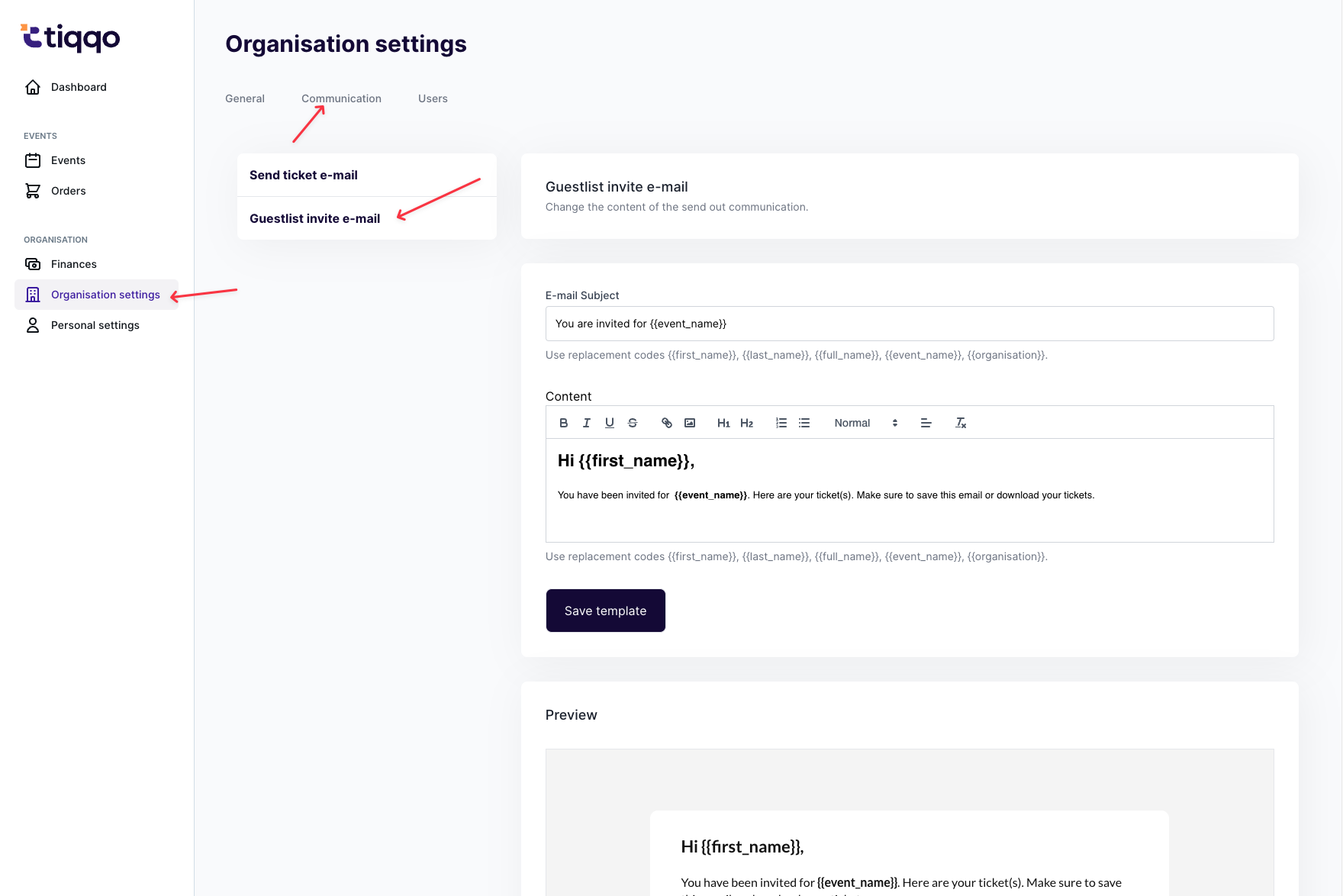 Custom guest invite email interface showing exclusive guest communication templates and event-specific customization options