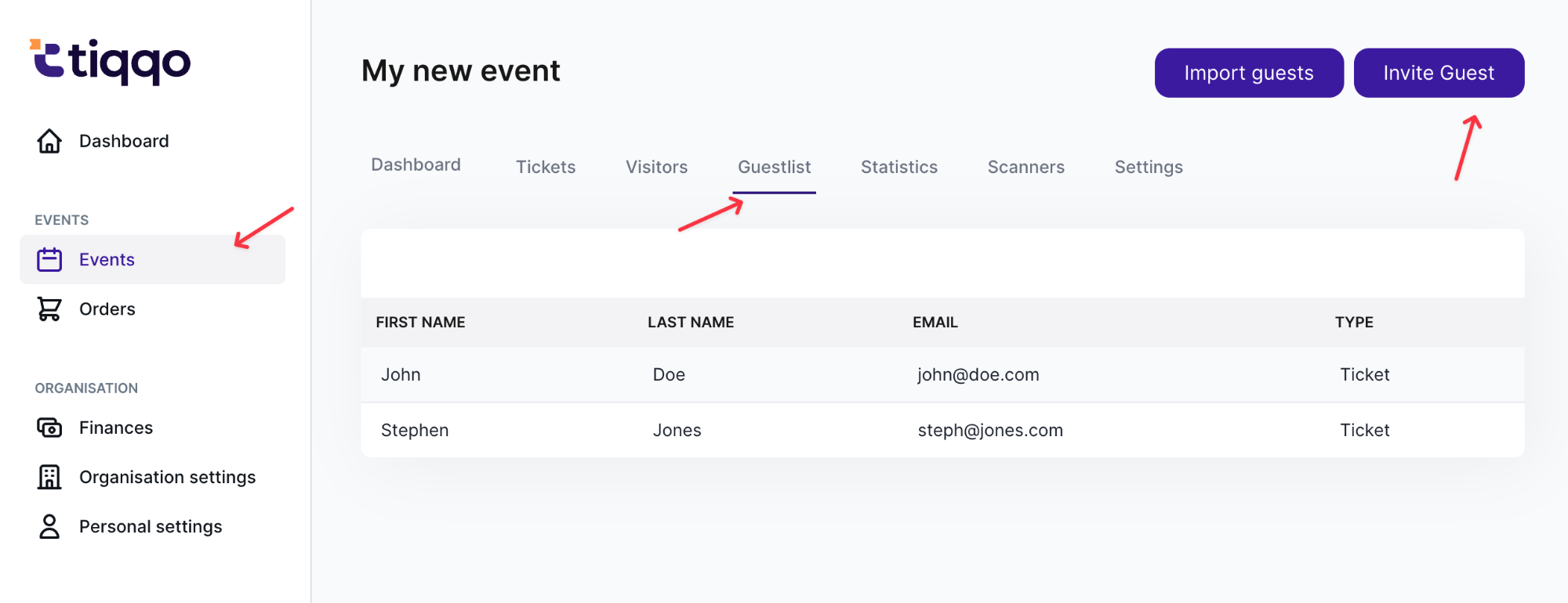 Enhanced guestlist interface showing multiple ticket invites, import functionality, and quantity selection features