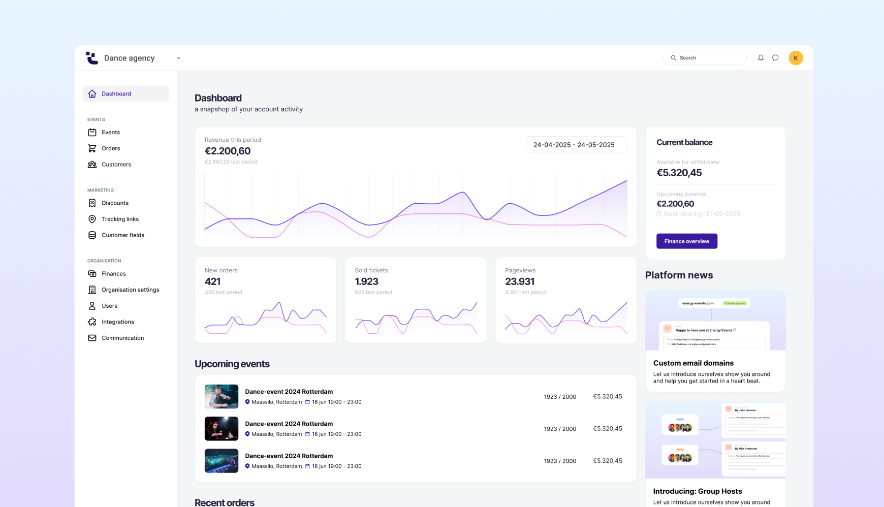 Redesigned dashboard showing comprehensive analytics with revenue charts, order tracking, ticket sales metrics, and upcoming events overview