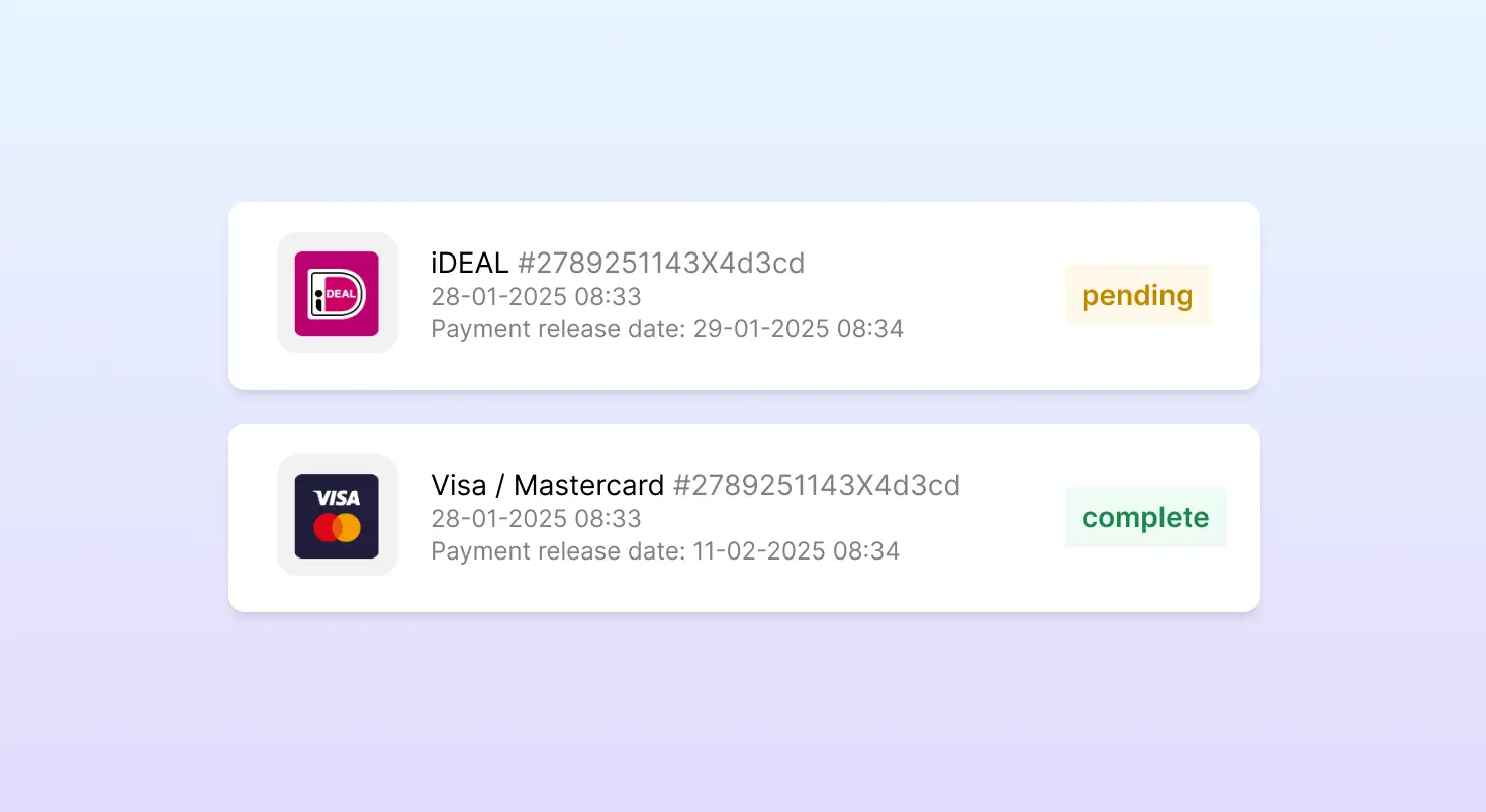 Payment settlement dashboard showing iDeal and Visa/Mastercard payment methods with their settlement timelines