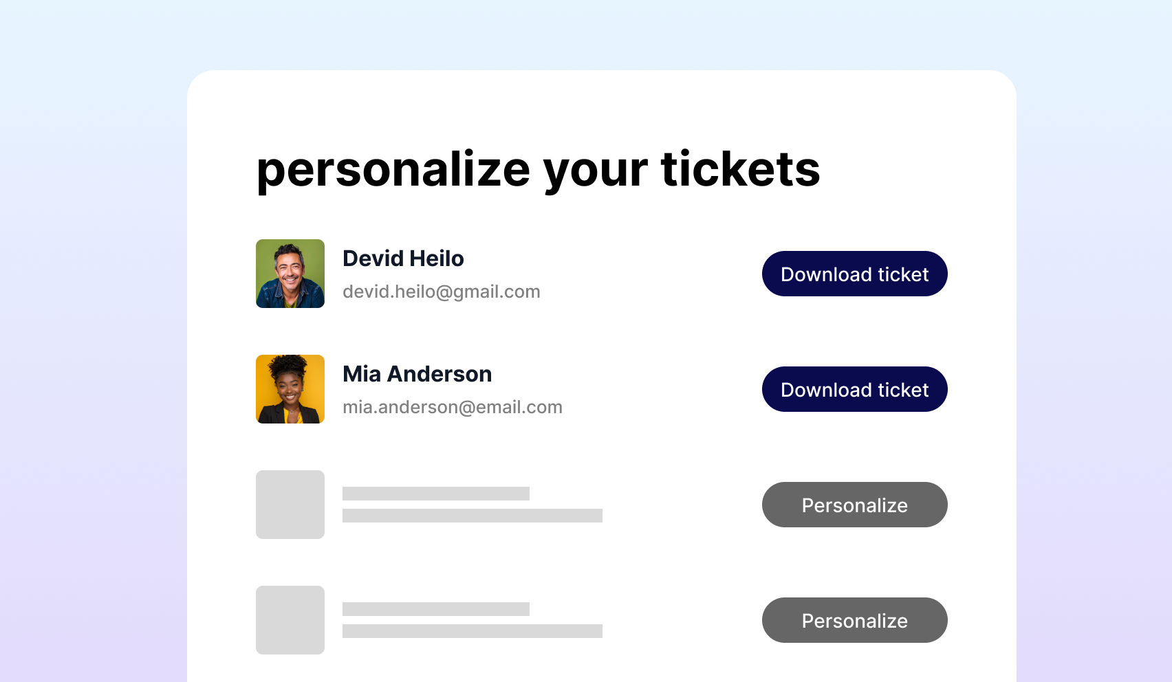 Ticket personalization interface showing the form where attendees enter their details