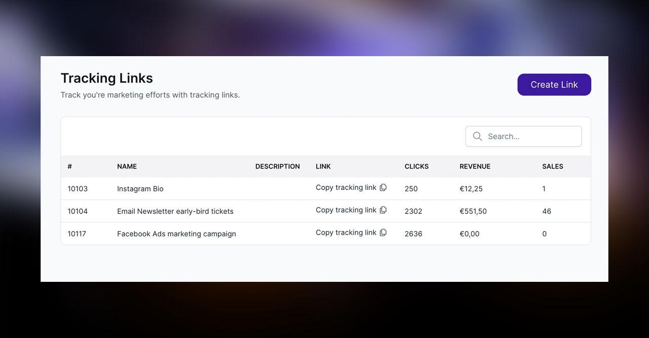 Marketing analytics dashboard showing tracking links performance with click-through rates and ticket sales data